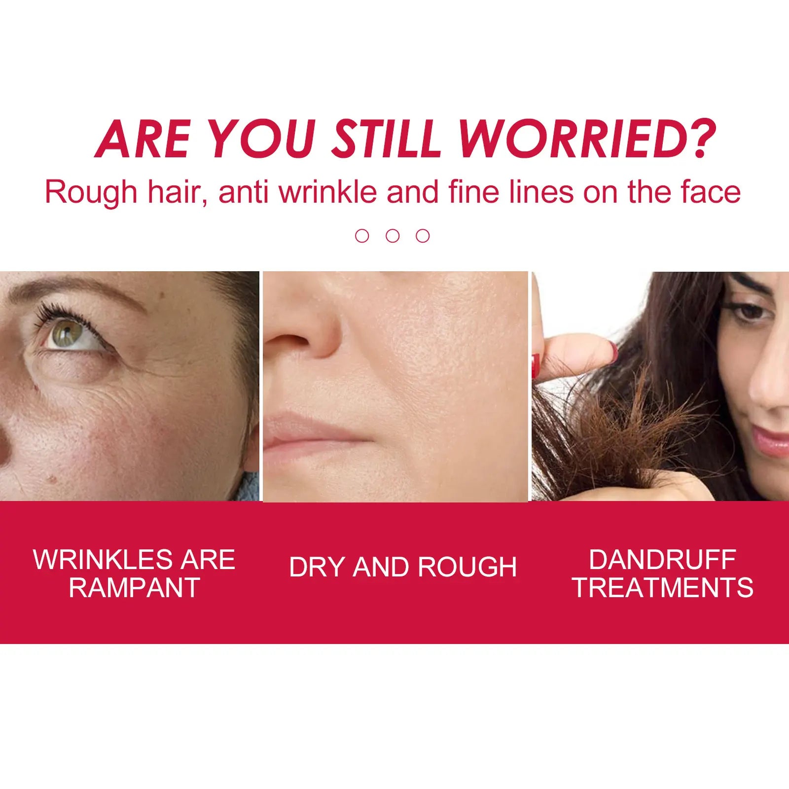 Collage showing facial wrinkles, dry rough skin, and dandruff as common skin and hair concerns addressed by Rosehip Facial Essential Oil