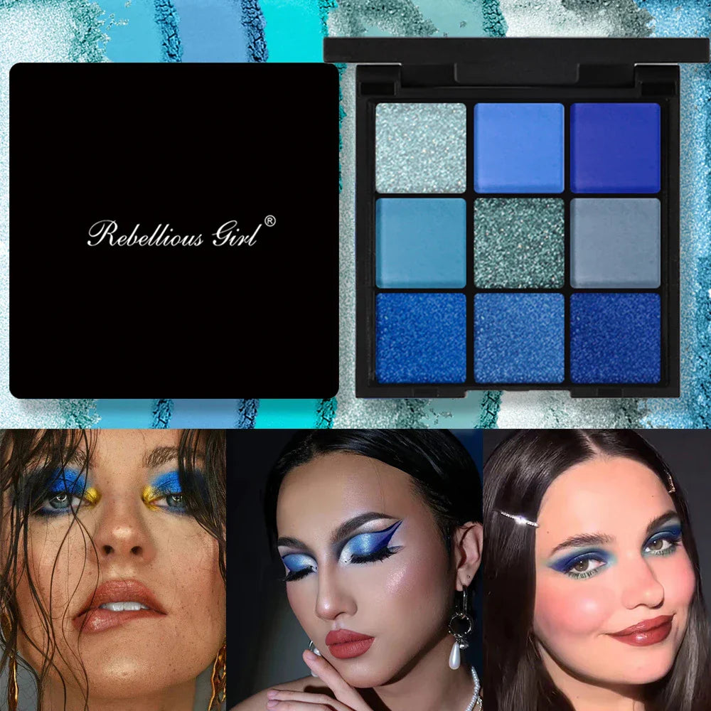 9-Grid Blue Eyeshadow Palette with shimmer matte and glitter shades and models wearing bold blue eye makeup looks