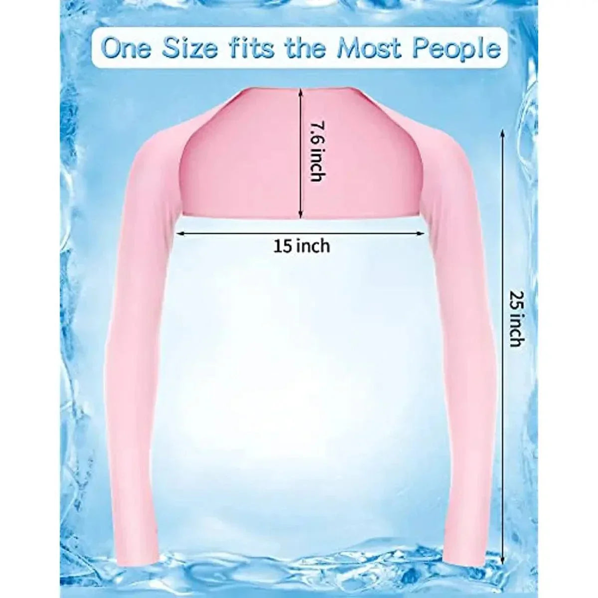 Ultra-Thin Ice Silk Shawl arm sleeves in pink with stretchy, breathable fabric and measurements for sun protection during outdoor activities