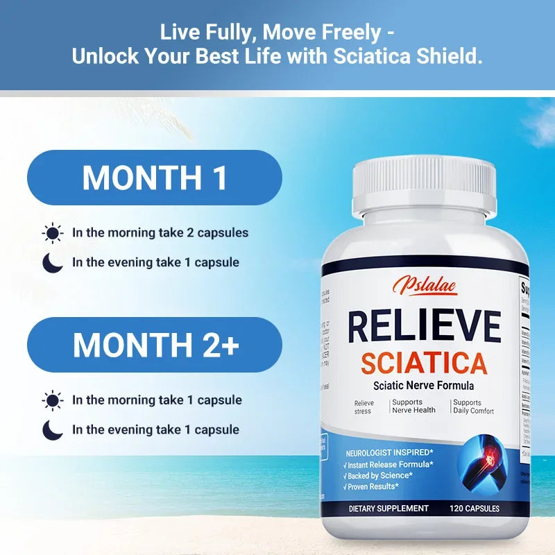 Bottle of Relieve Sciatica dietary supplement for nerve and joint pain relief with usage instructions on blue background