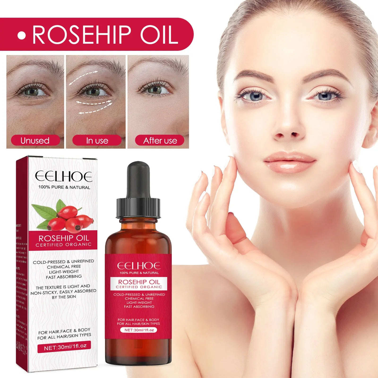 EELHOE Rosehip Facial Essential Oil bottle and box with before and after skin improvement photos and woman with glowing skin applying oil