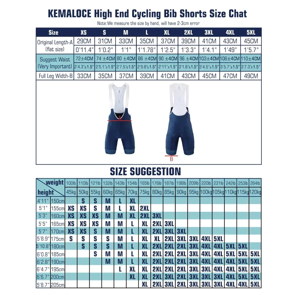 KEMALOCE men’s cycling bib shorts in blue and black with 5D gel padding for comfort and performance