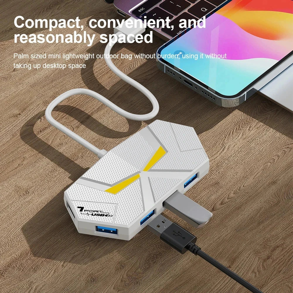 7-Port USB 3.0 high-speed docking station connected to smartphone on wooden surface