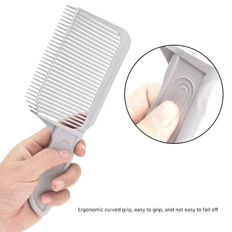 Barber Fade Comb with ergonomic curved grip for precision fade haircuts and flat top styling.
