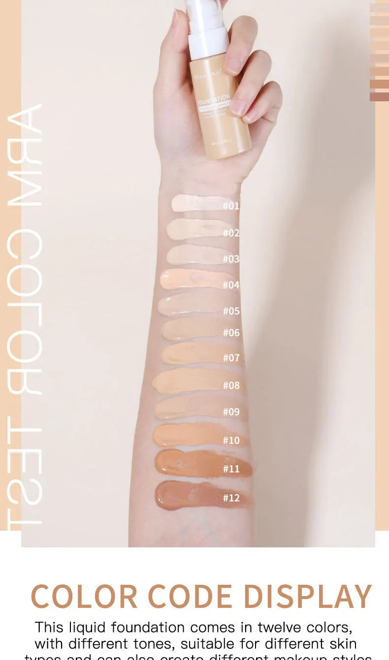 Liquid Foundation & Concealer bottle held above arm swatched with twelve shades from light to dark showcasing waterproof, sweat-proof, long-lasting makeup colors.