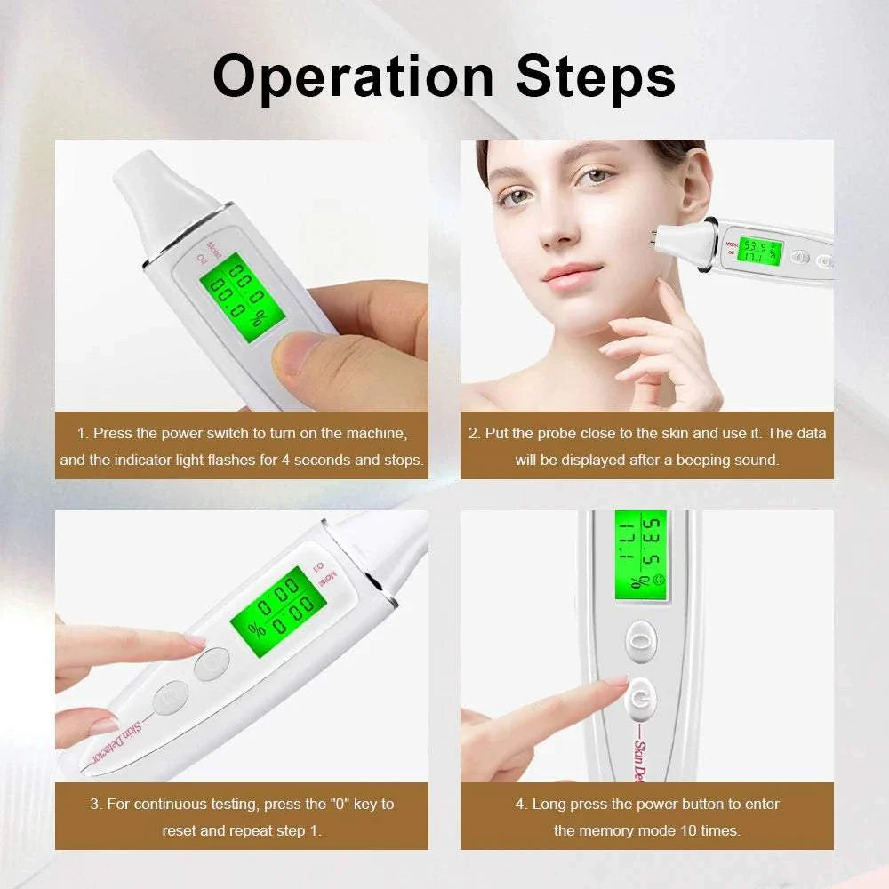 Digital skin analyzer with LCD display showing moisture and oil levels, handheld portable facial skin tester in use on woman’s cheek.