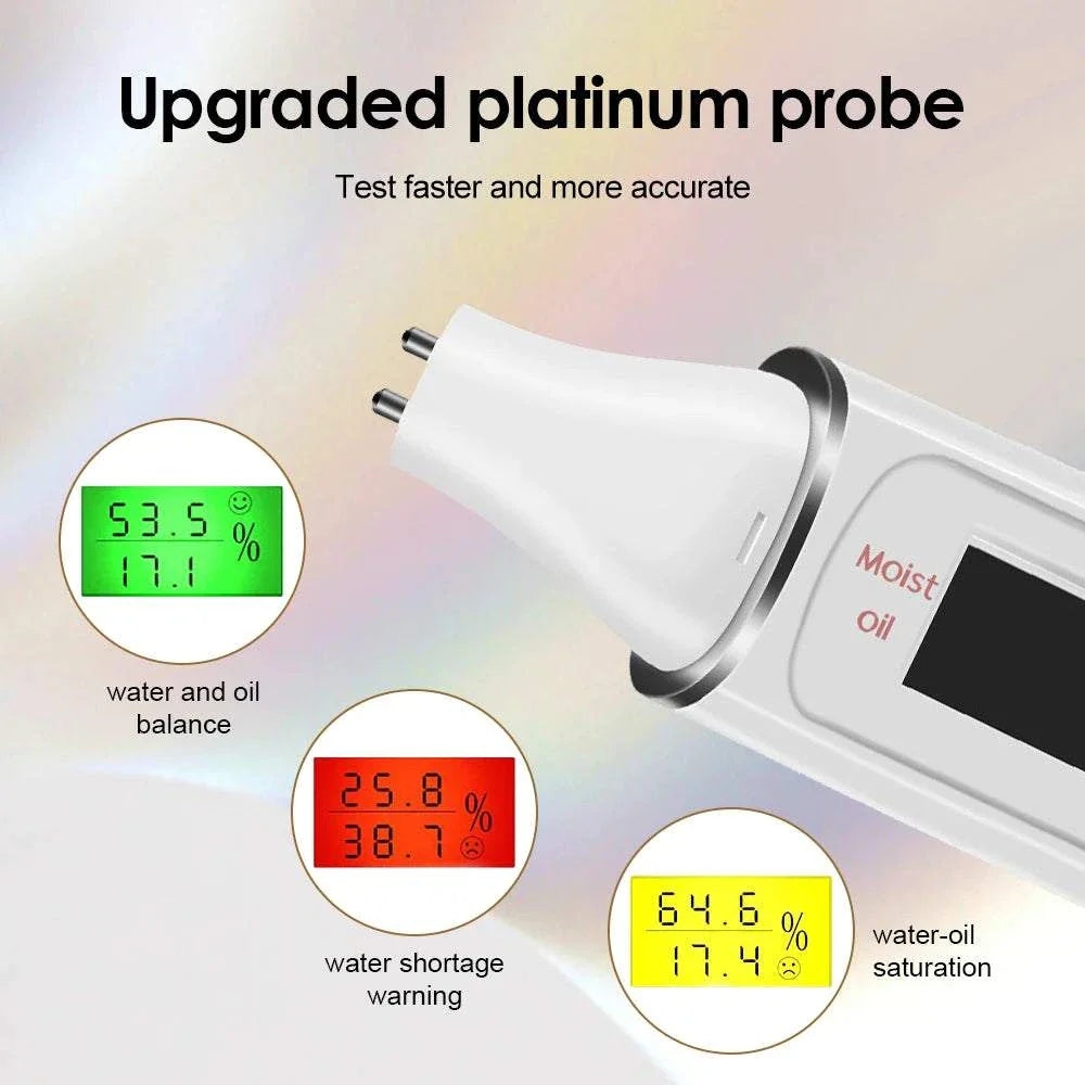 Digital skin analyzer with upgraded platinum probe and LCD display showing moisture and oil balance readings