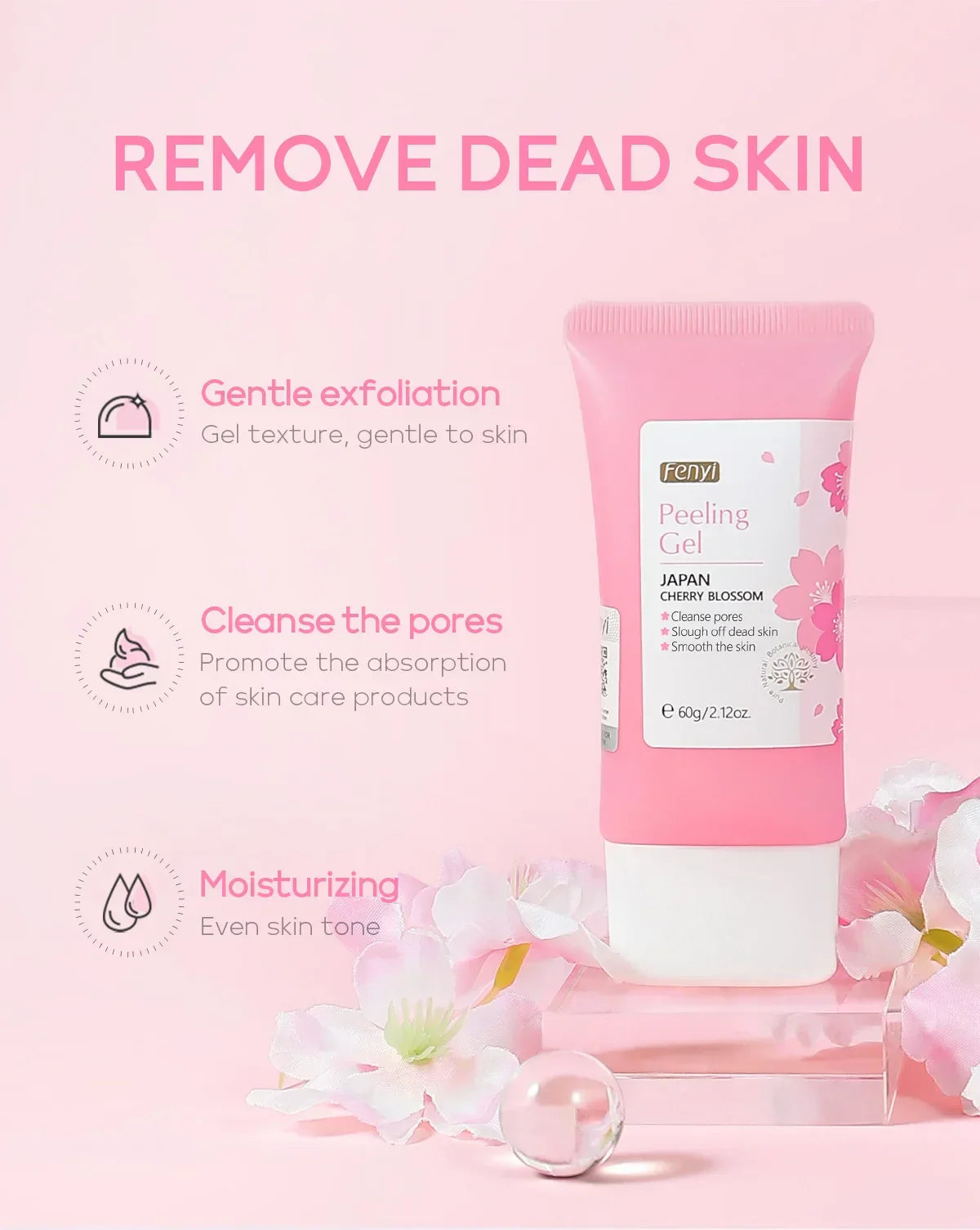 Pink tube of LAIKOU Face Gel with cherry blossom design for gentle exfoliation, pore cleansing, and moisturizing skin care.