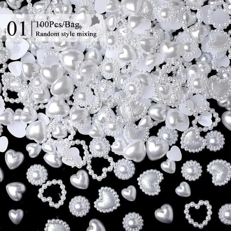 Assorted white pearl and heart-shaped rhinestones for nail art decoration, 100 pieces per bag, compatible with BORN PRETTY 10g Gel Nail Glue