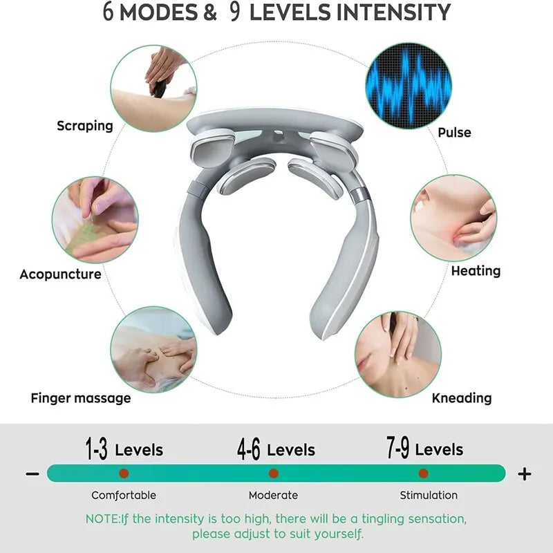 4D Neck Massage Machine with 6 massage modes and 9 intensity levels for deep neck relief