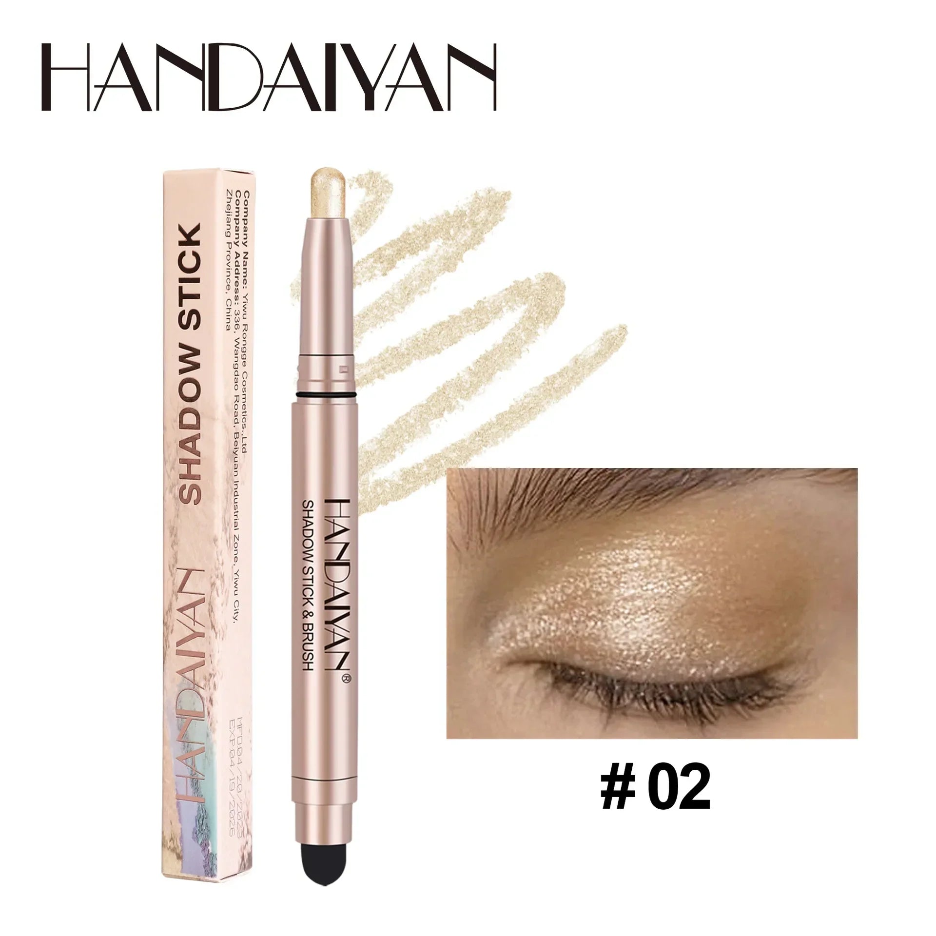 Handaiyan Highlighting Eye Shadow Stick pearlescent shimmer #02 on eyelid smooth cream pencil