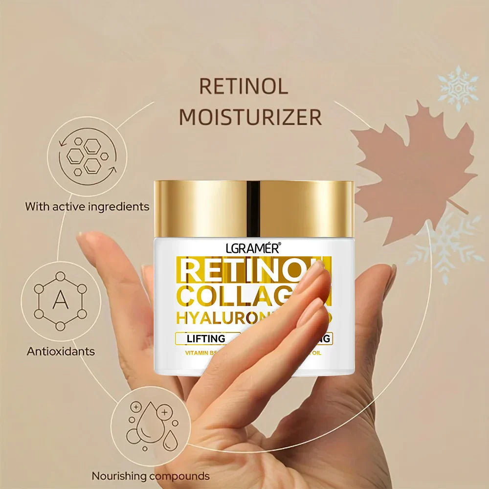 Retinol Anti-Aging Face Cream with collagen and hyaluronic acid for smooth, hydrated, and firm skin.