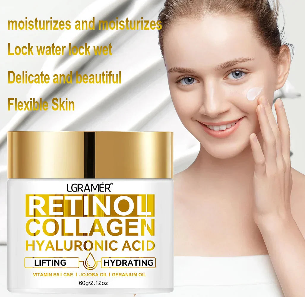 Retinol Anti-Aging Face Cream with collagen and hyaluronic acid for lifting, hydration, and wrinkle smoothing