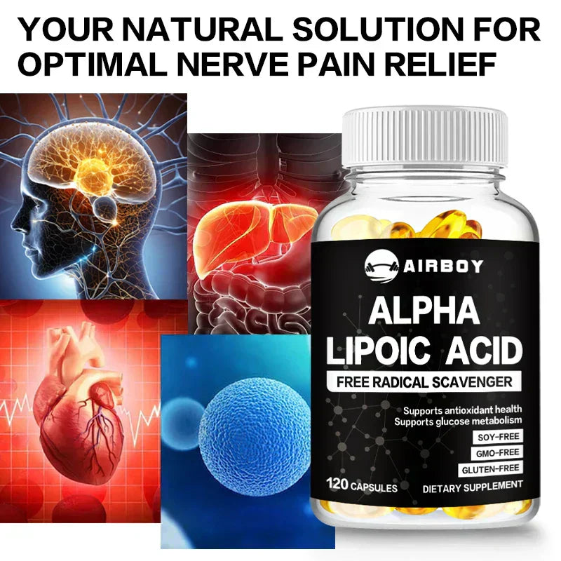 Bottle of Airboy Alpha Lipoic Acid 600 mg capsules supporting antioxidant health, glucose metabolism, nerve comfort, and energy production, natural nerve pain relief supplement.