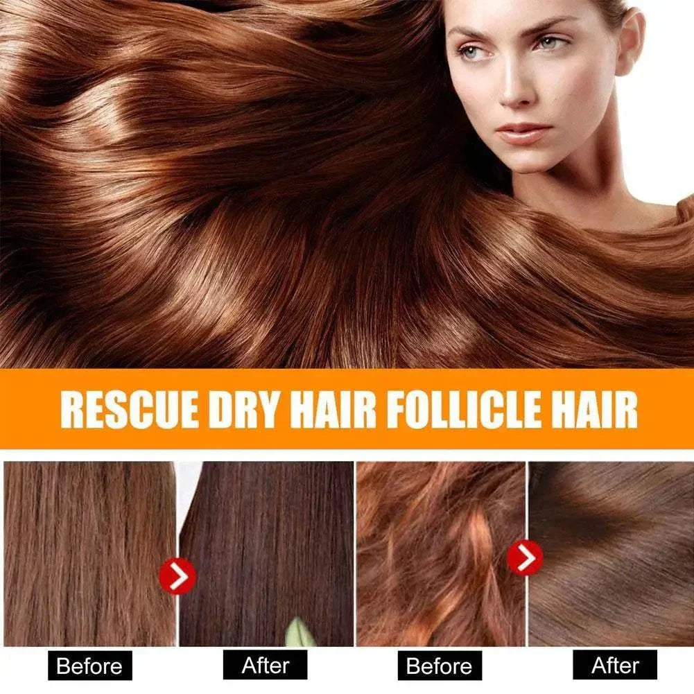 Woman with long, silky brown hair showcasing before and after results of Magical Keratin Hair Mask for dry and damaged hair restoration.