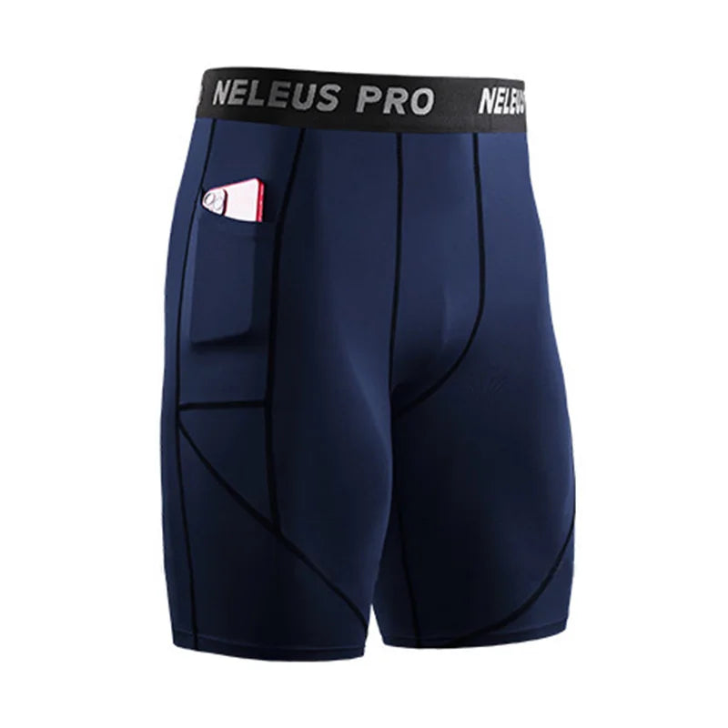 Men's outdoor running shorts with breathable fabric, four-way stretch, compression leggings, secure fit waistband, side pockets, and durable design in navy blue