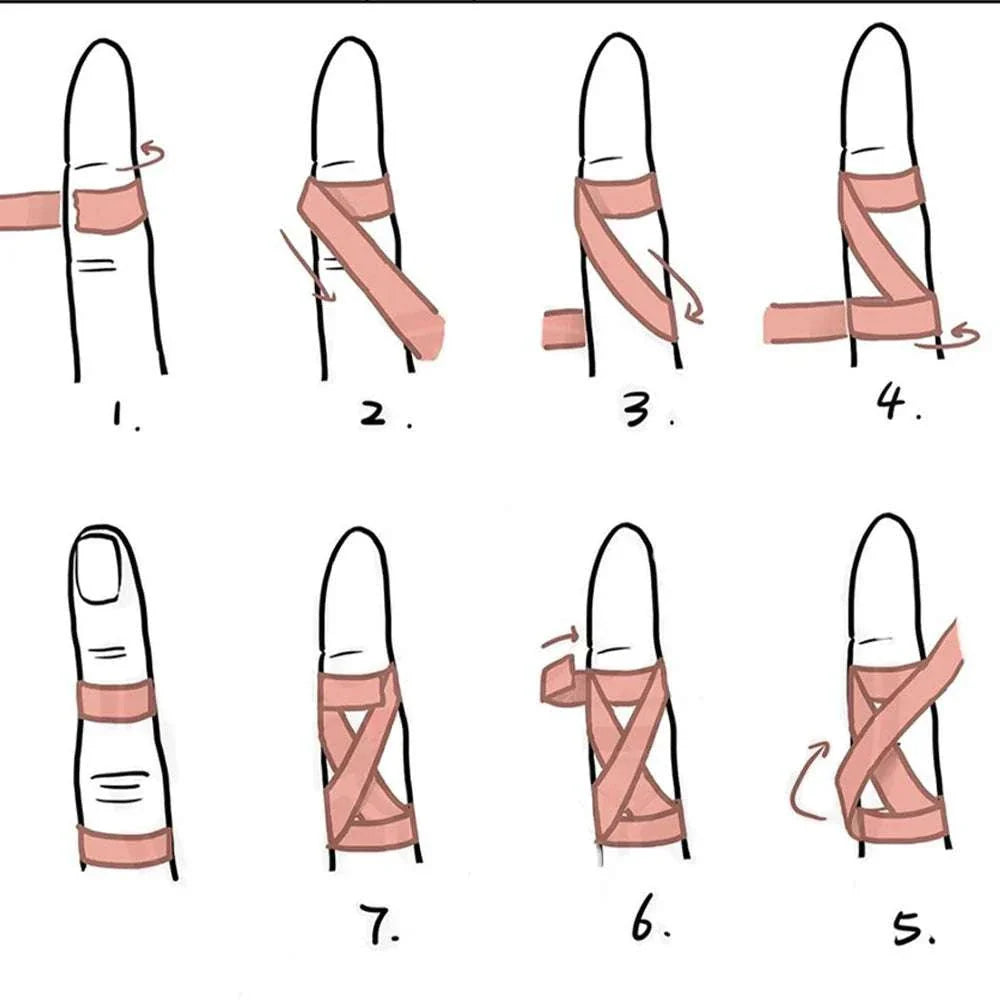 Step-by-step illustration of applying Jiu-Jitsu Bandage elastic finger tape for joint support and protection