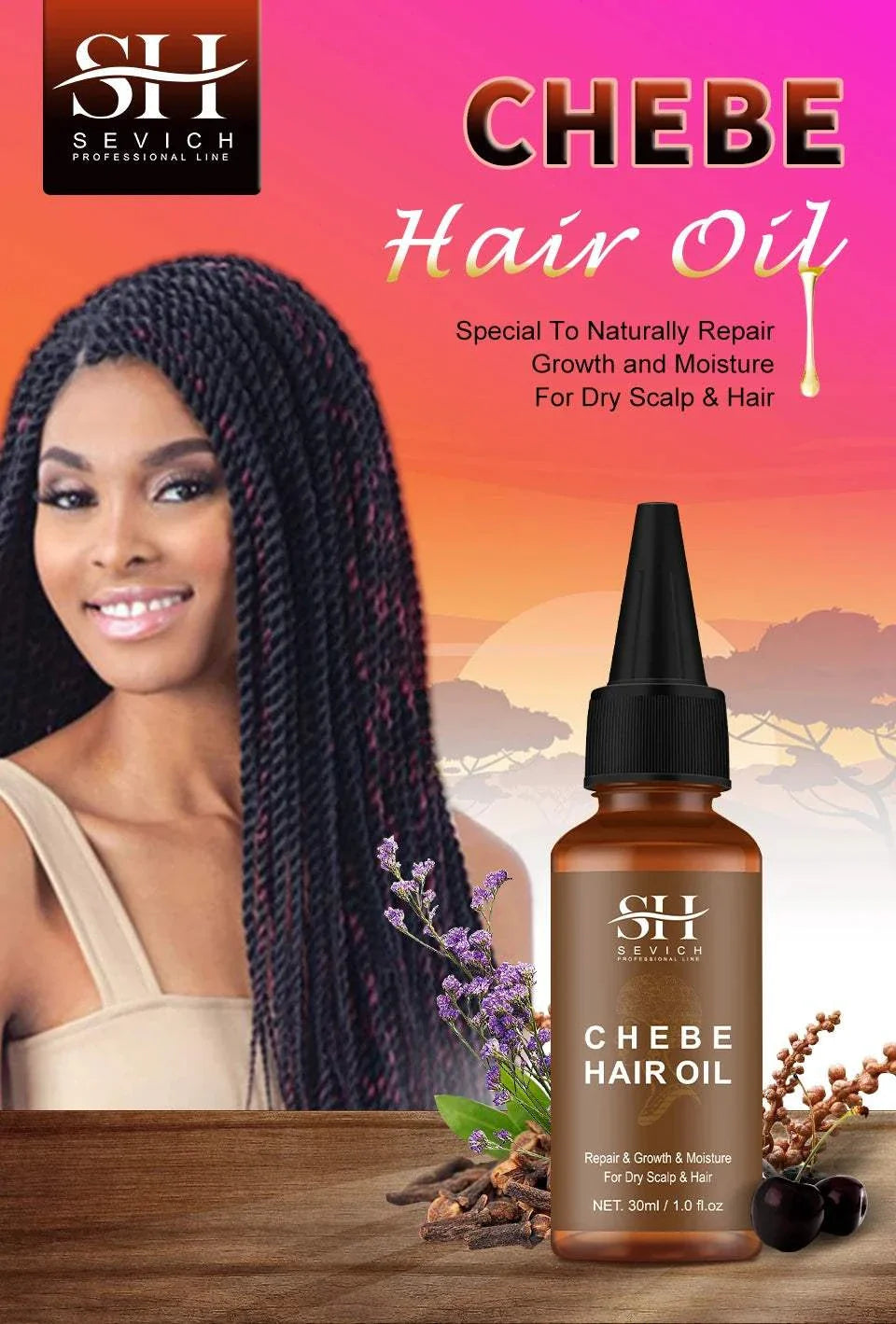 African Crazy Chebe Hair Oil bottle with a smiling woman with braided hair on a pink and orange gradient background, promoting natural hair growth, repair, and moisture for dry scalp and hair.