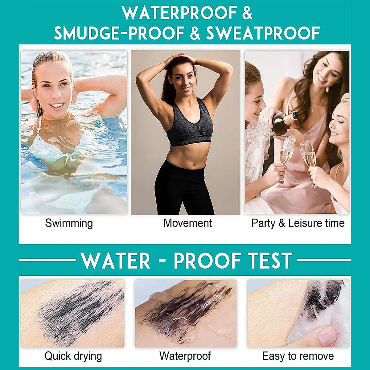 Double In-One Silk Fiber Mascara waterproof and smudge-proof test with quick drying and easy removal demonstration
