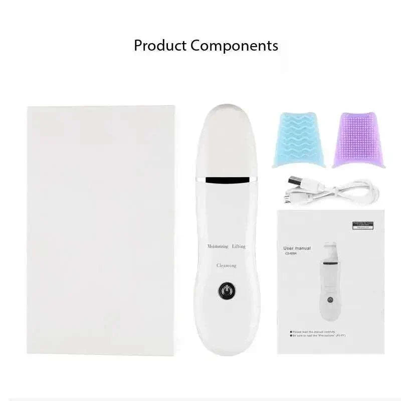 Blackhead remover device with silicone brush heads, USB charging cable, user manual, and packaging box for deep pore cleansing and acne care.