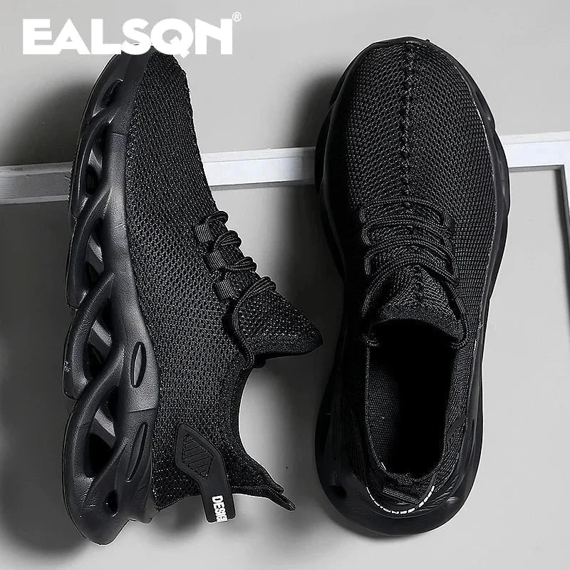 Lightweight breathable running sneakers in black mesh with shock-absorbing sole and lace-up closure for men and women