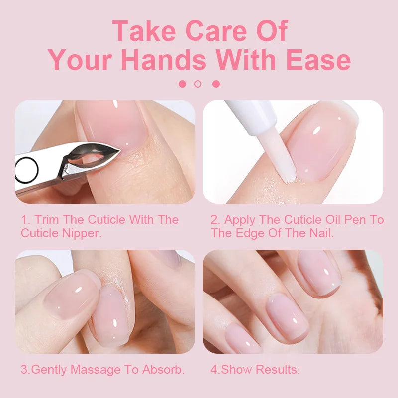 40PCS Cuticle Oil Pen Set with 15 scents for nourishing and moisturizing nails, shown with cuticle trimming and application steps