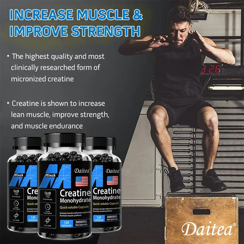Daitea Creatine 3000 mg Monohydrate supplement bottles with athlete performing box jumps to increase muscle and improve strength.