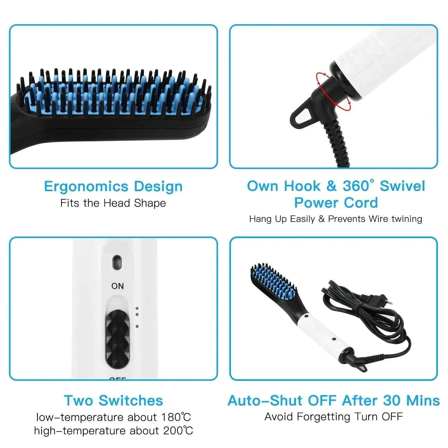 Man Hair Comb Brush Beard Straightener with ergonomic design, 360° swivel power cord, dual temperature switches, and auto shut-off feature for safe and easy beard and hair styling.