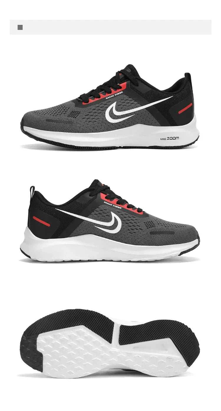 Men's lightweight running shoes in black and gray with breathable mesh, cushioned insoles, non-slip soles, and sporty design.