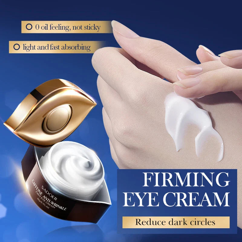 SADOER Caffeine Eye Cream jar with creamy texture on hand, firming eye cream for reducing dark circles, light and fast absorbing, non-sticky formula