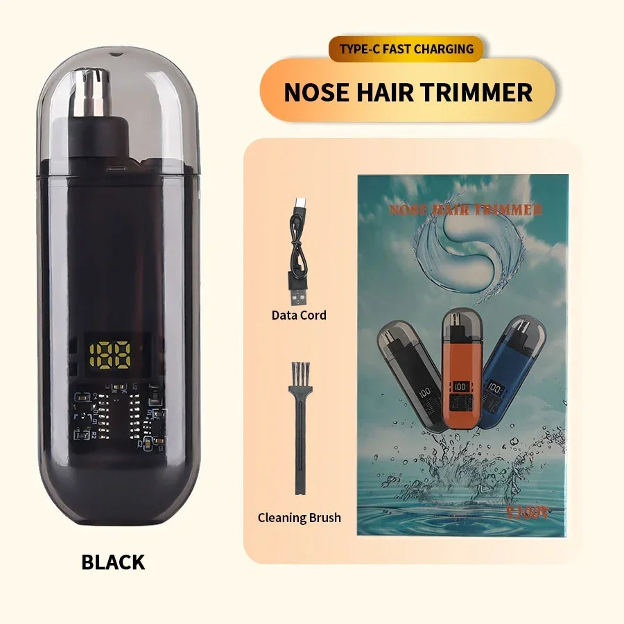 Black 2-in-1 electric ear and nose hair trimmer with digital display, USB Type-C charging, cleaning brush, and data cord.