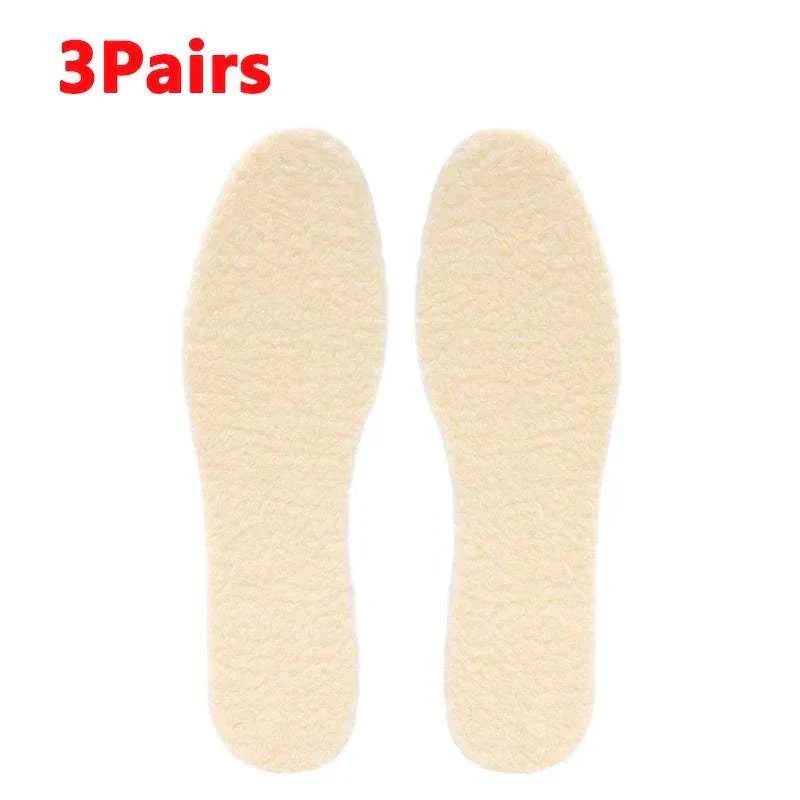 Three pairs of natural lamb fleece insoles providing warmth, comfort, moisture-wicking, and trim-to-fit design for versatile shoe use.