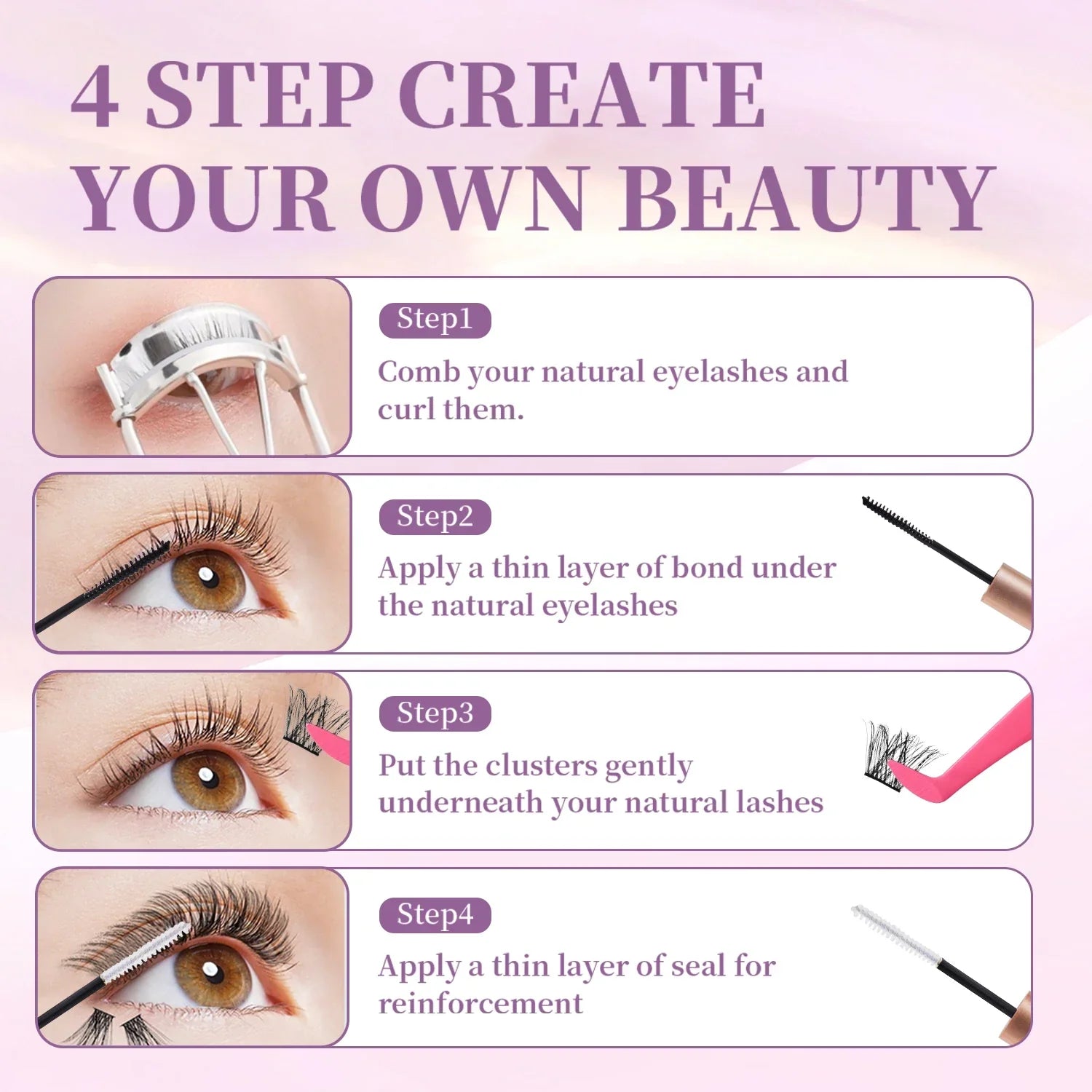 280pcs DIY Lash Extension Kit with cluster lashes, bond, seal, remover, and applicator for custom natural or glam looks