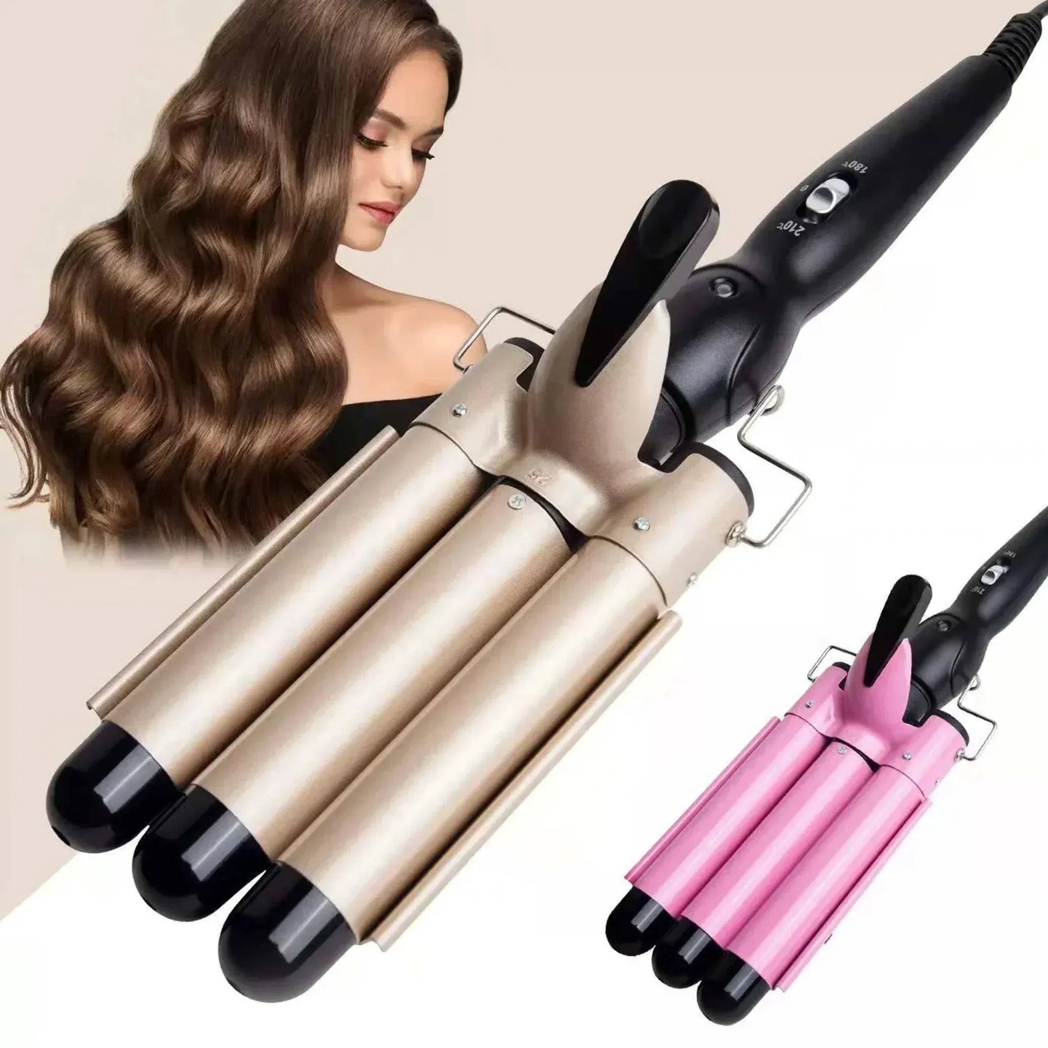 Multifunctional Curling Iron with triple barrels for curls and waves, shown in gold and pink colors.