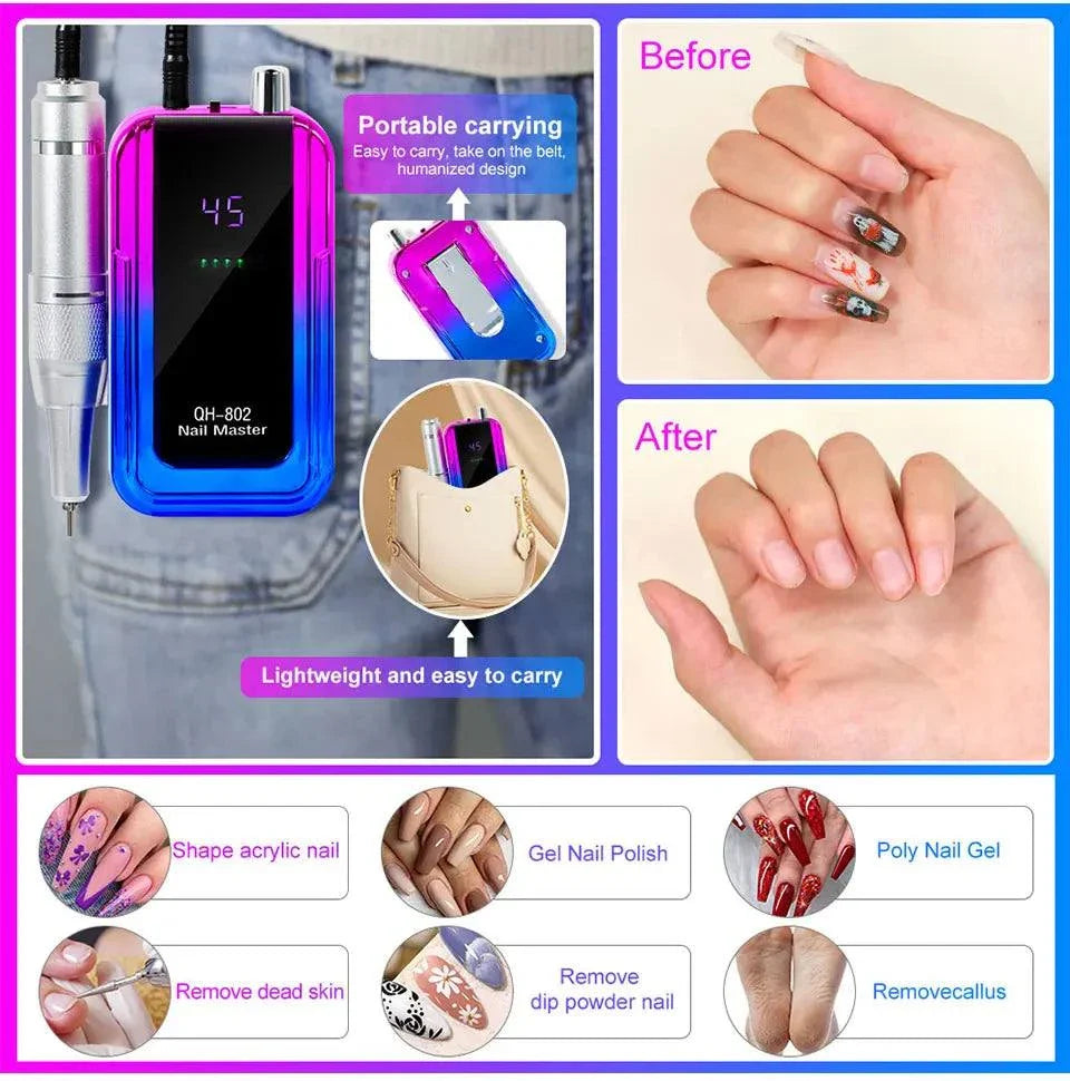 Rechargeable nail drill machine with 45,000RPM, laser gradient design, portable and cordless for acrylic, gel, and natural nails.