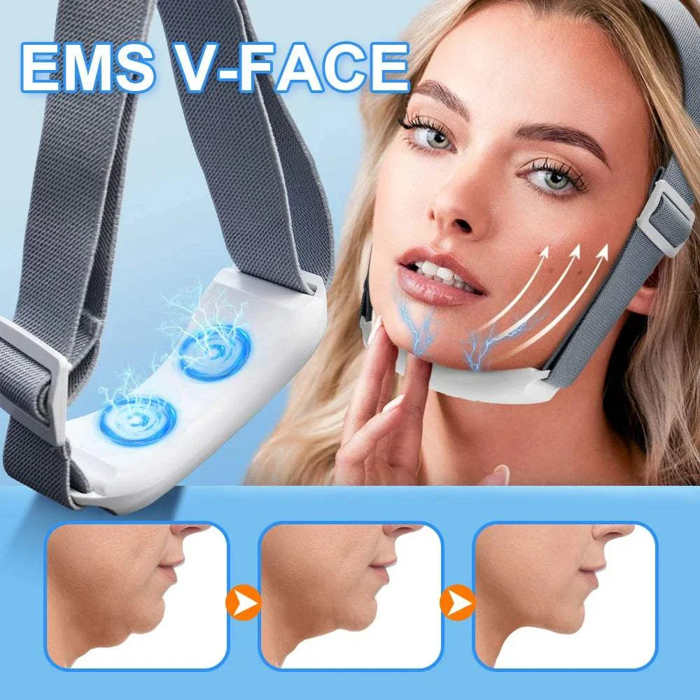 EMS Face Lifting Massager device shown on woman’s chin for V-face contouring and anti-wrinkle treatment with before and after results of double chin reduction