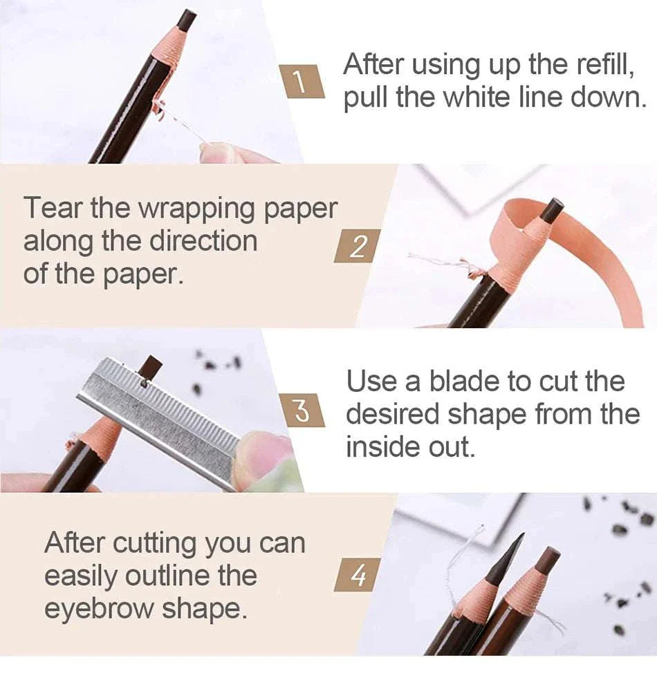 Step-by-step eyebrow pencil refill wrapping removal and shaping with blade showing eyebrow pencil & trimmer set usage instructions