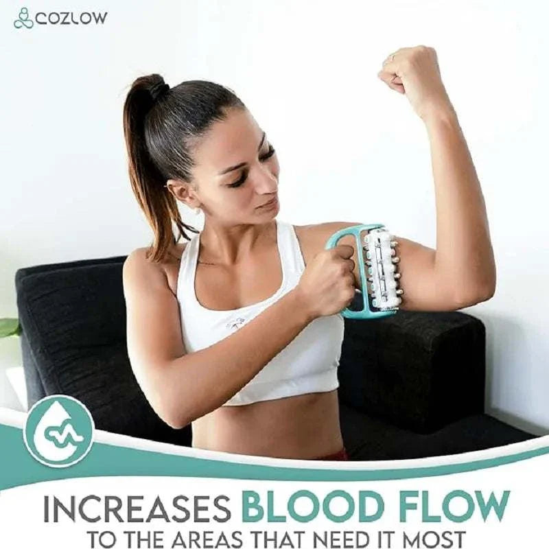 Woman using MyoRelease Lymphatic Drainage Massager on arm to increase blood flow and relieve tension