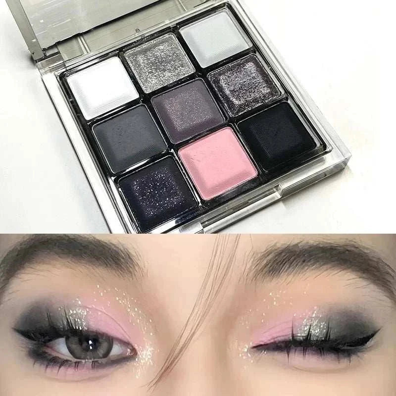 Black Pink Smoky Eye shadow palette with black, pink, matte, and pearlescent shades and smoky eye makeup look.