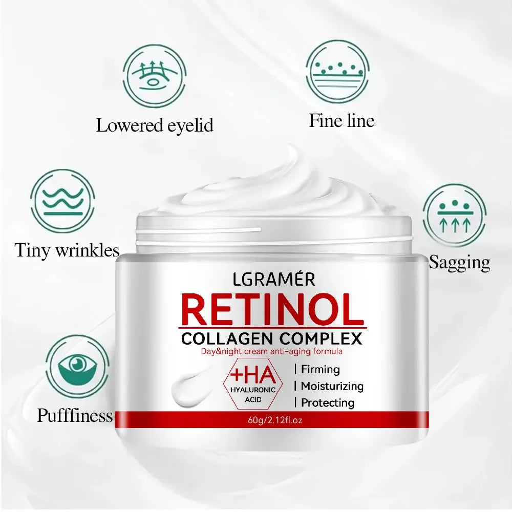 Retinol Lifting & Firming Collagen Cream jar with moisturizing cream and anti-aging benefits icons