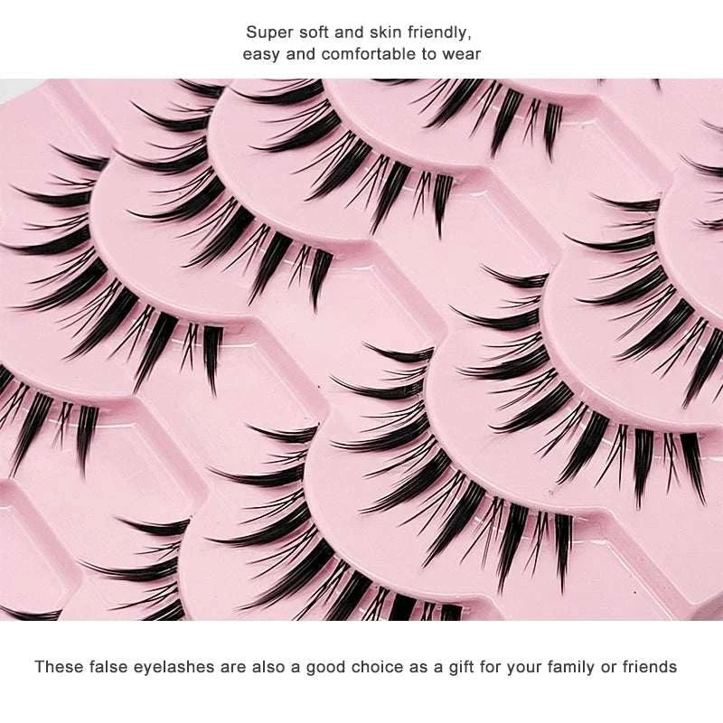 10 pairs of natural manga full strip lashes with soft, skin-friendly fibers, designed for a lightweight, voluminous anime-inspired look.