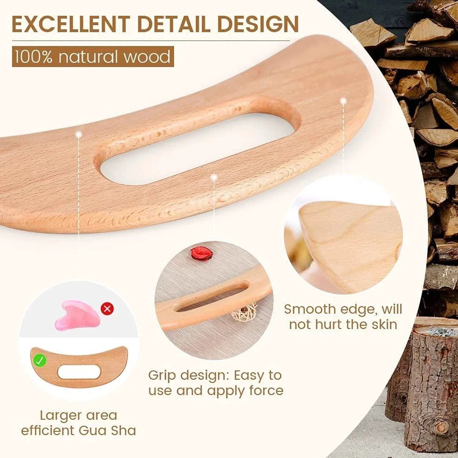 Wooden Gua Sha Tool with ergonomic grip, smooth edges, made of 100% natural wood for safe and effective anti-cellulite massage and body therapy