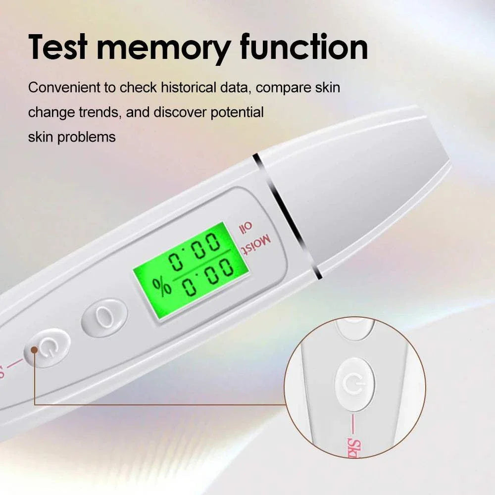 Digital Skin Analyzer with LCD display showing moisture and oil levels and memory function button for skin health monitoring