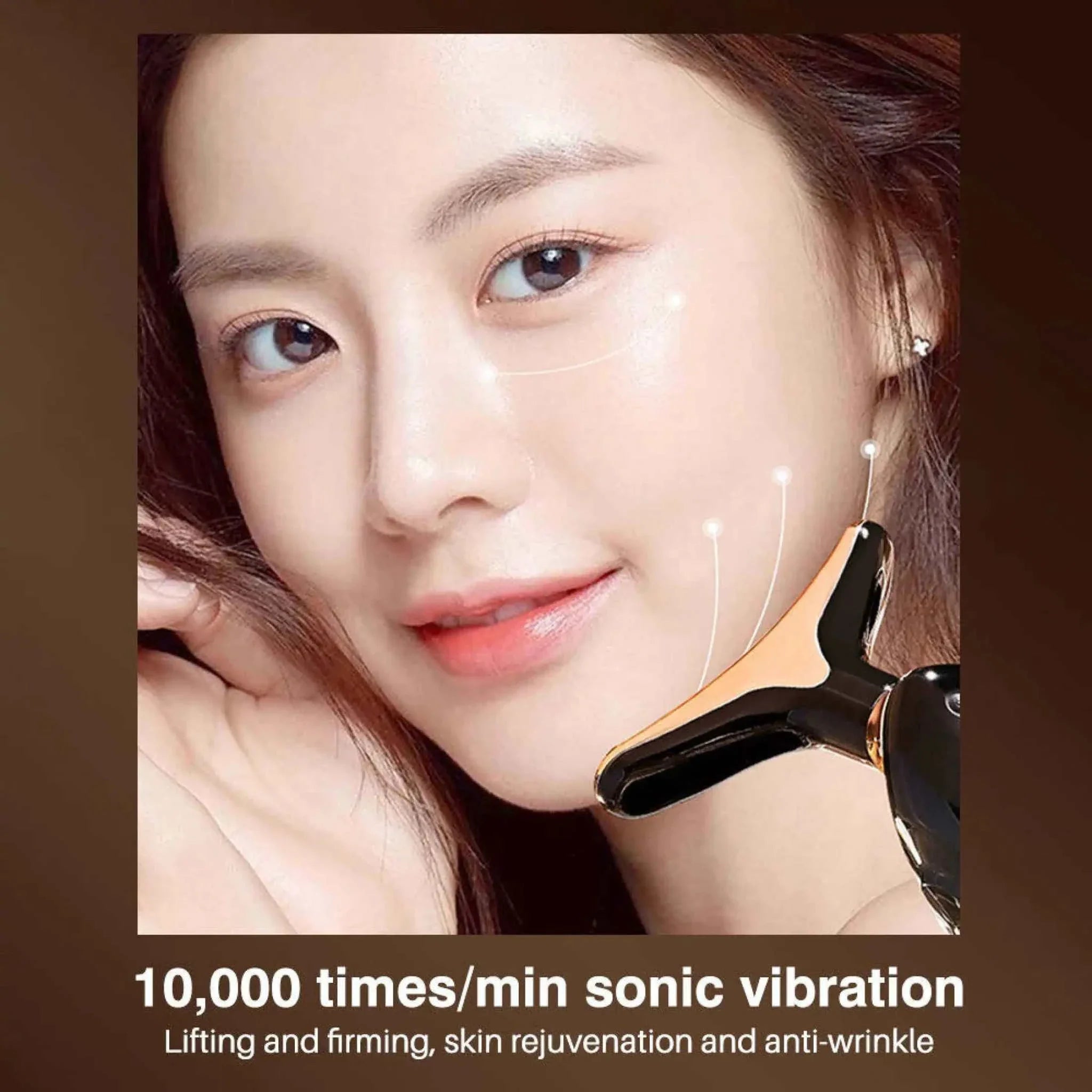 Woman using 3-in-1 Face Massager with microcurrent technology for lifting, firming, and skin rejuvenation.