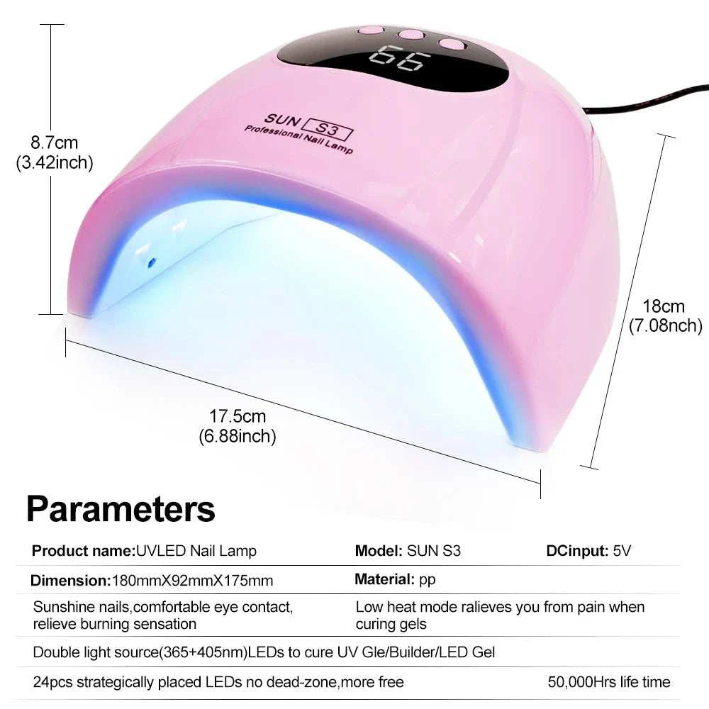 88W LED UV Nail Lamp in pink with digital timer display and motion sensor for fast gel polish curing at home or salon.
