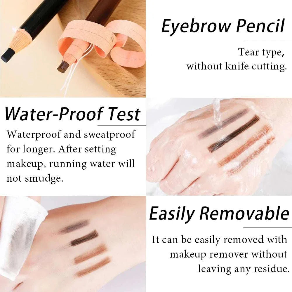 Eyebrow pencil and trimmer set showing waterproof, easily removable eyebrow pencil with natural-looking strokes and smooth-glide application.