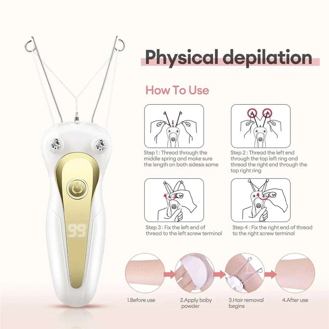 Electric body hair remover with cotton thread epilation technology and ergonomic design for gentle, rechargeable hair removal