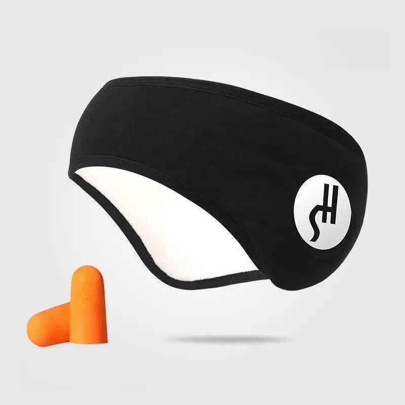 Black adjustable eye mask with logo and orange noise-reducing sleep earplugs for travel and rest
