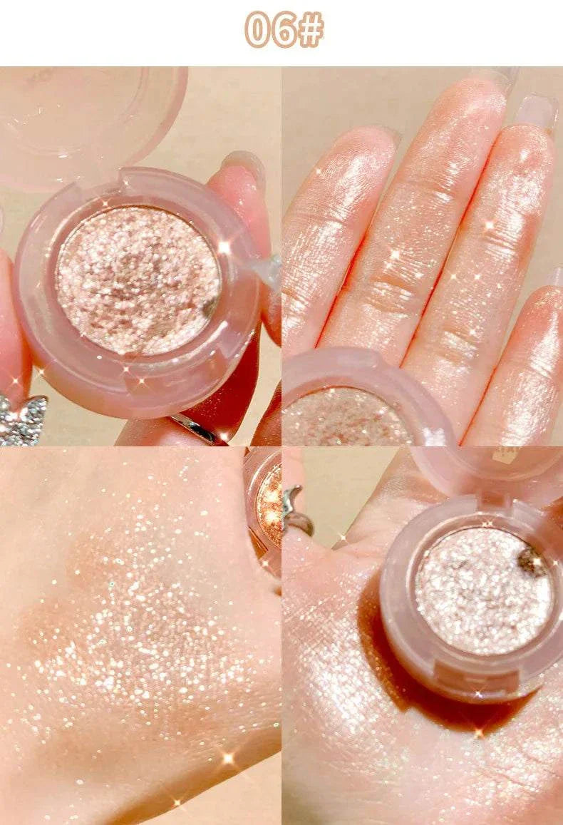 Diamond Glitter Monochrome Eyeshadow Palette showing shimmering champagne shade with glittery, high-pigment, multi-use formula on skin.
