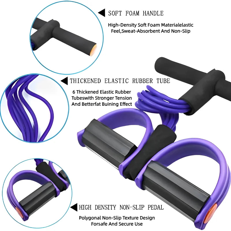 Four-Tube Pedal Tensioner with soft foam handles, thickened elastic rubber tubes, and high-density non-slip pedals for home workouts